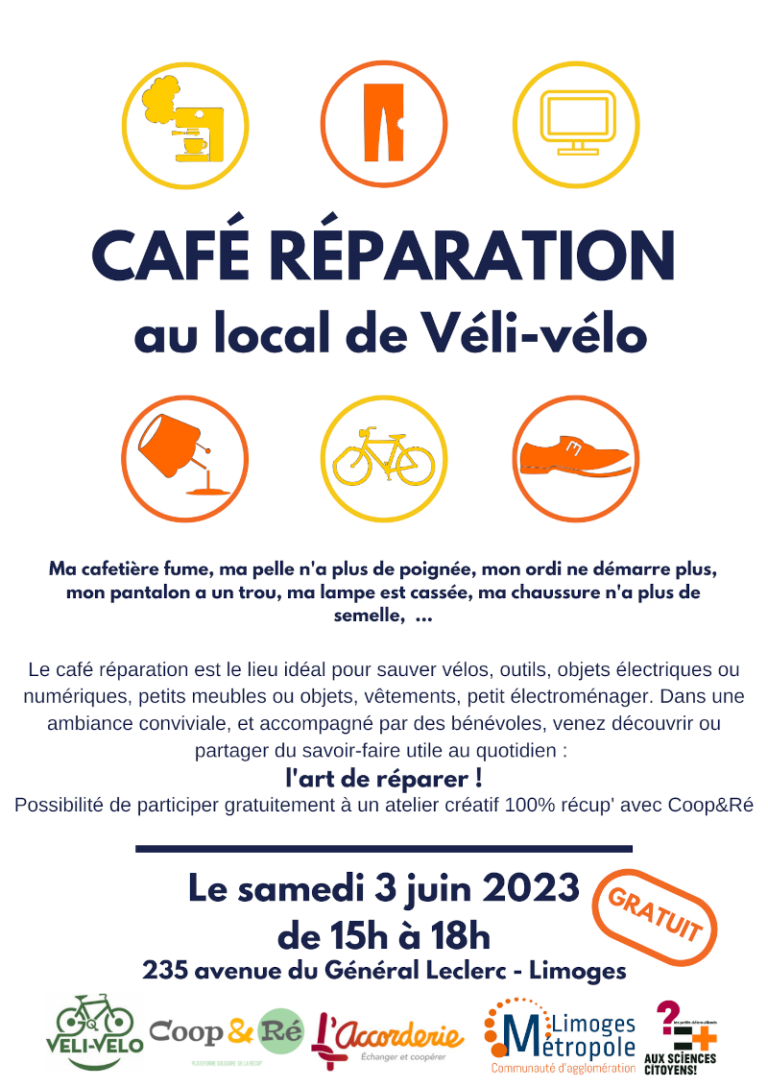 Café Réparation au local de Vélivélo Samedi 3 Juin 2023 Association Véli Vélo