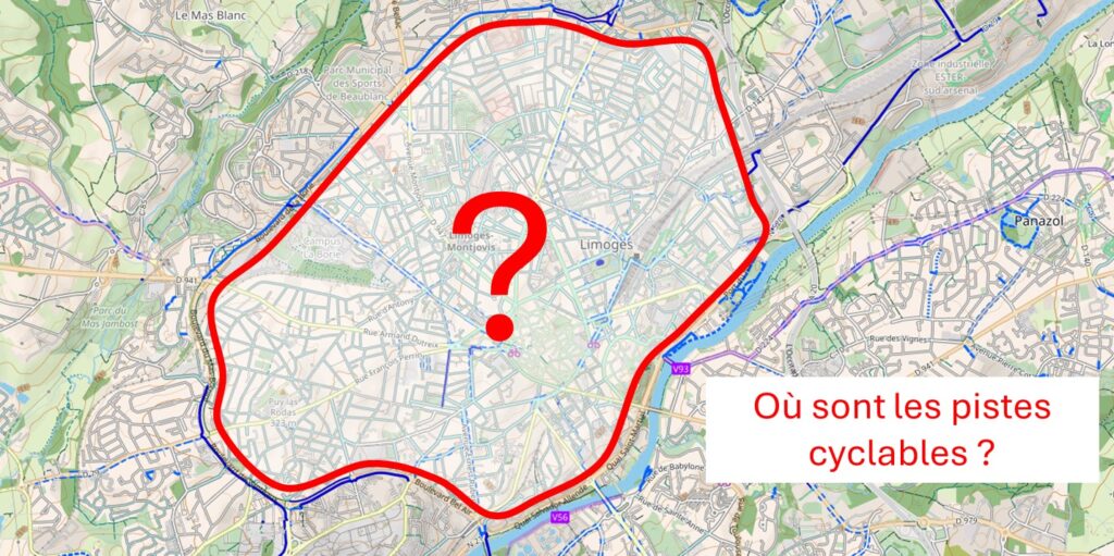 Carte montrant l'absence de pistes cyclables sécurisées dans le centre-ville de Limoges