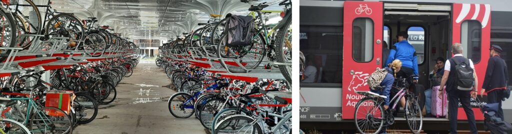 Parking vélo dans une gare et une personne montant son vélo dans un TER Nouvelle-Aquitaine