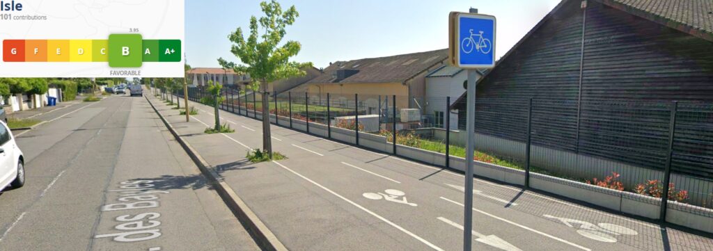 Note à isle : B (favorable). Streetview de la piste cyclable bidirectionelle avenue des Bayles.