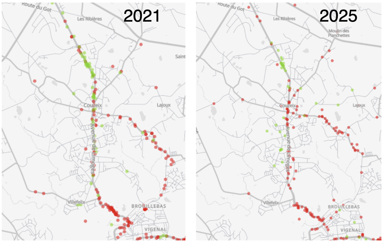 Carte des points à améliorer et des améliorations récentes à Couzeix, comparaison entre le baromètre 2025 et 2021.