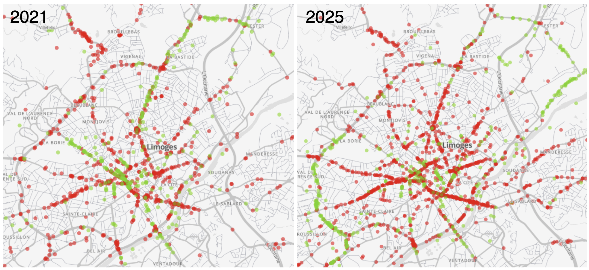 Cartes représentant les points à améliorer en priorité en rouge et les améliorations depuis 2 ans en vert. Les mêmes zones sont rouges, seuls le boulevard extérieur et la route du Palais s'améliorent