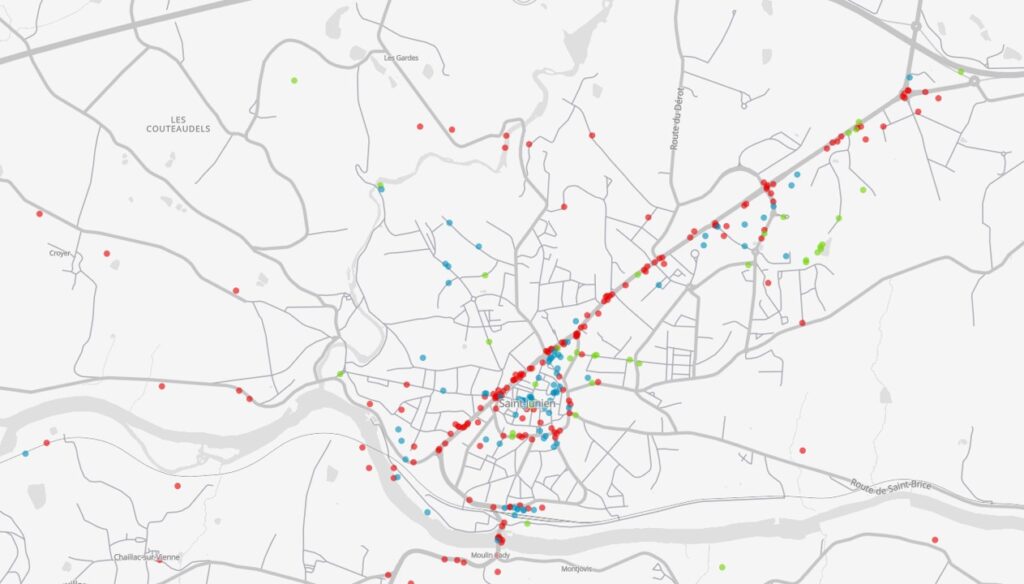 À saint Junien, peu de points verts. Les rouges sont concentrés sur la départementale.