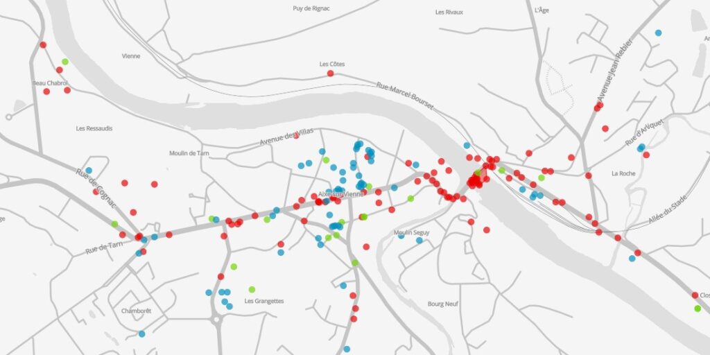 Les poins rouges se concentrent sur le pont sur la Vienne à Aixe.