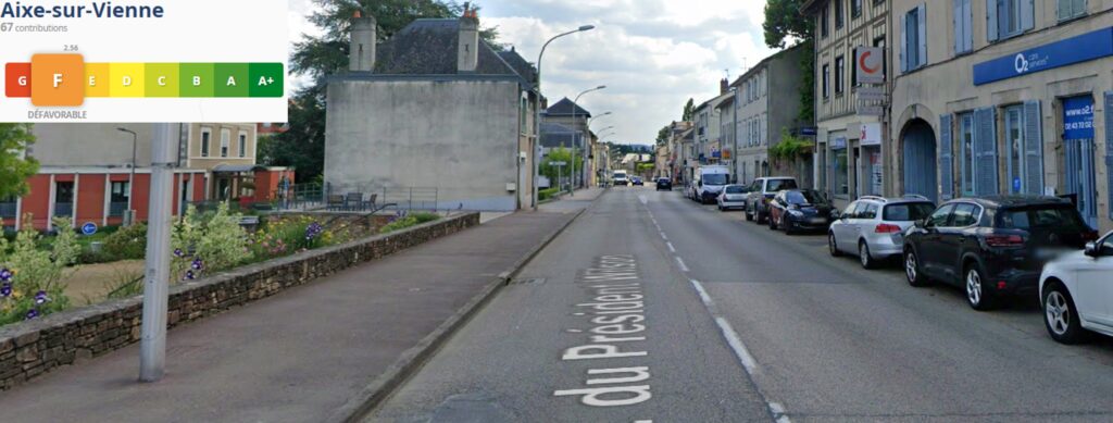 Aixe-sur-Vienne : F. Streetview de l'avenue du Président Wilson devant la mairie. Pas d'aménagement cyclable.