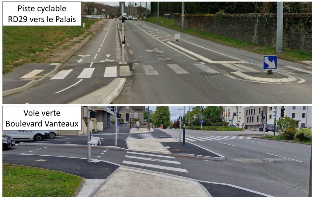 Haut : Streetview de la piste cyclable sur la RD29 vers le Palais. Bas : Photo de la voie verte à Vanteaux / Rue d'Isle.