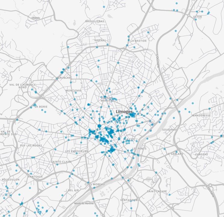 Carte des souhaits de stationnements vélos supplémentaires à Limoges, rencensés par le baromètre 2025.