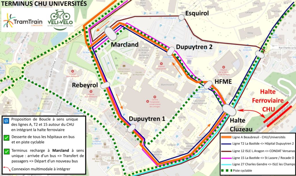 Proposition de desserte équilibrée de tous les sites du CHU par les lignes de transports en commun et des pistes cyclables continues et sécurisées.