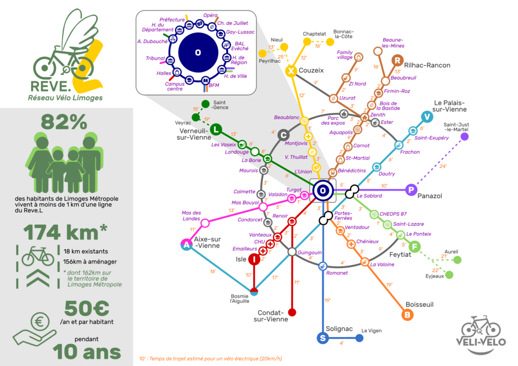 Carte du REVEL : le réseau de pistes cyclables continues et sécurisées à Limoges